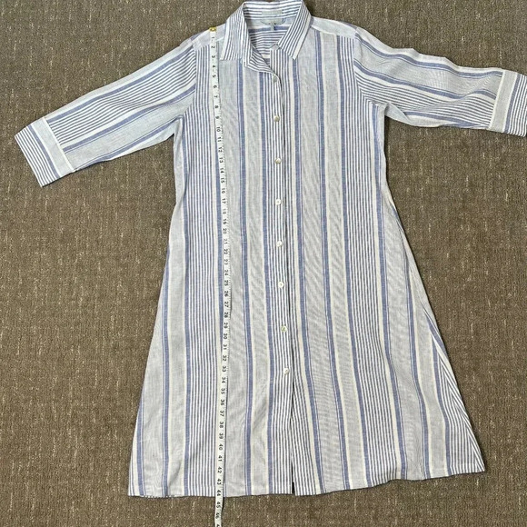 Hinson Wu Tamron 3/4 Sleeve Linen Variegated Stripes Dress Blue White Medium - Picture 5 of 7